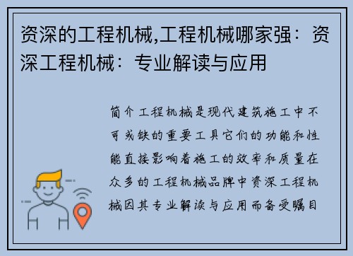 资深的工程机械,工程机械哪家强：资深工程机械：专业解读与应用