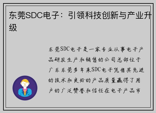 东莞SDC电子：引领科技创新与产业升级